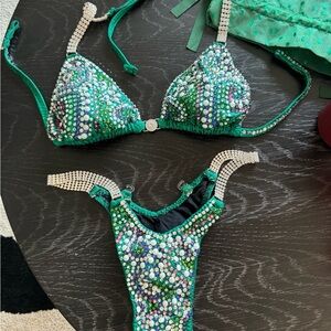 Green Rhinestone figure competition Bikini